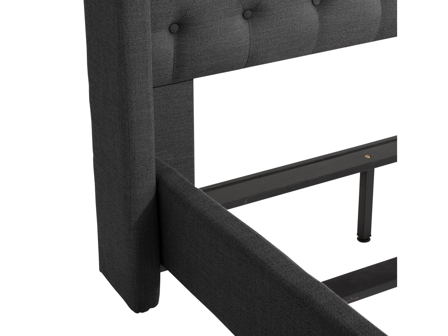 Dark gray tufted twin bed with plush fabric upholstery, featuring a high headboard and wooden legs. Ideal for modern bedrooms, combining comfort and contemporary style.