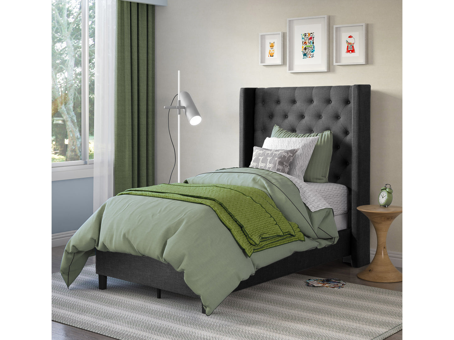 Tufted twin bed with upholstered headboard in light gray fabric, featuring elegant button tufting and sturdy wooden legs. Perfect for modern bedroom decor.