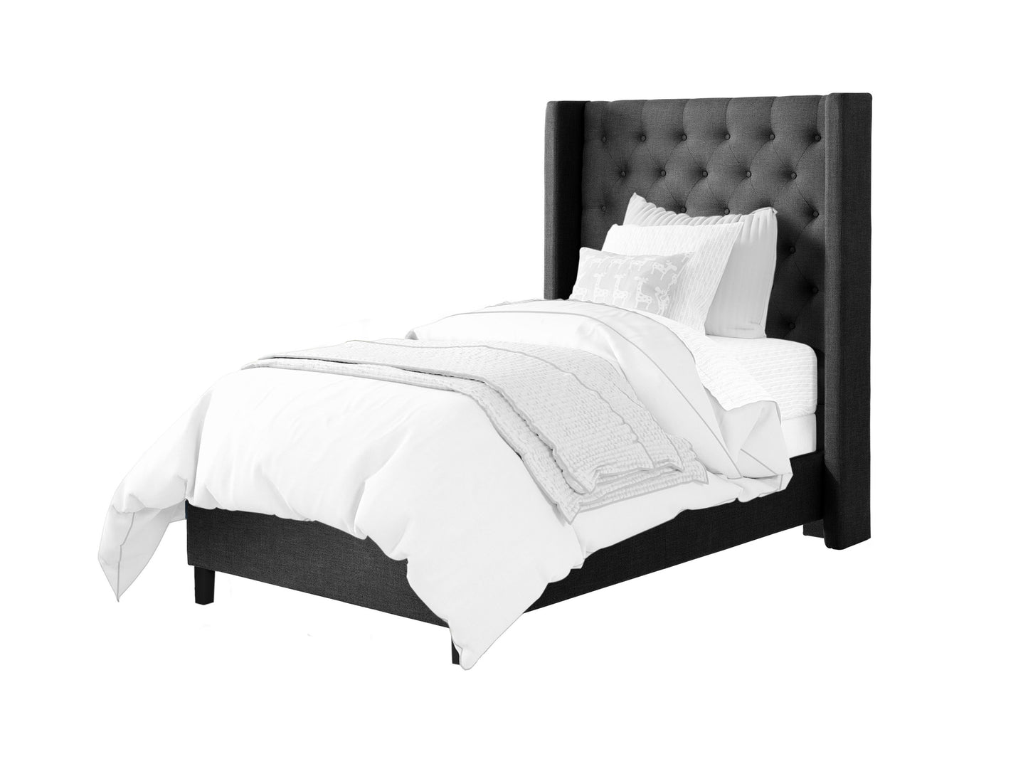 Tufted twin bed with beige fabric upholstery, wooden legs, and a button-tufted headboard, perfect for modern bedroom decor.