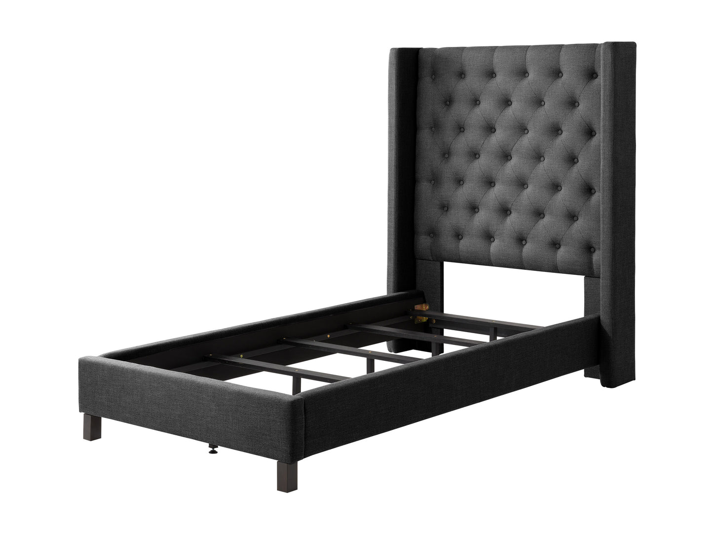 Gray tufted twin bed with soft fabric upholstery, diamond button detailing, and wooden legs. Ideal for modern bedrooms, offering a stylish and comfortable sleeping solution.