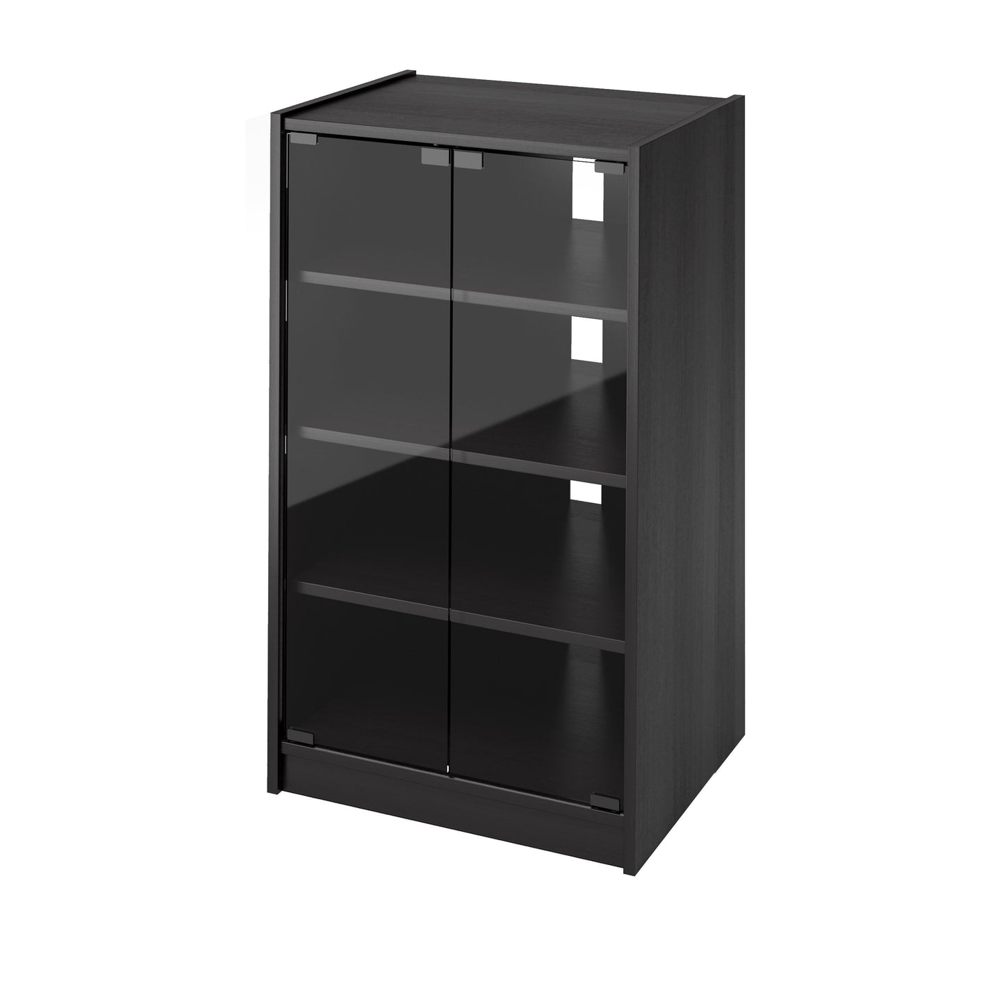 Dark wood media storage cabinet with doors, 21 inches tall, featuring sleek metal handles, adjustable shelves, and a modern design perfect for organizing DVDs, games, and electronics in a stylish living room setup.