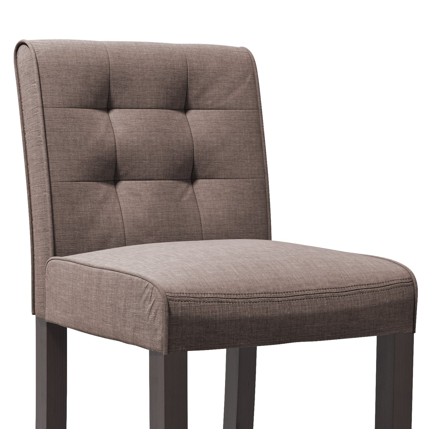 Brown wooden bar stool with a curved backrest, featuring a padded beige seat cushion, sleek metal footrest, and four sturdy legs, perfect for bar height seating in modern or rustic home decor.
