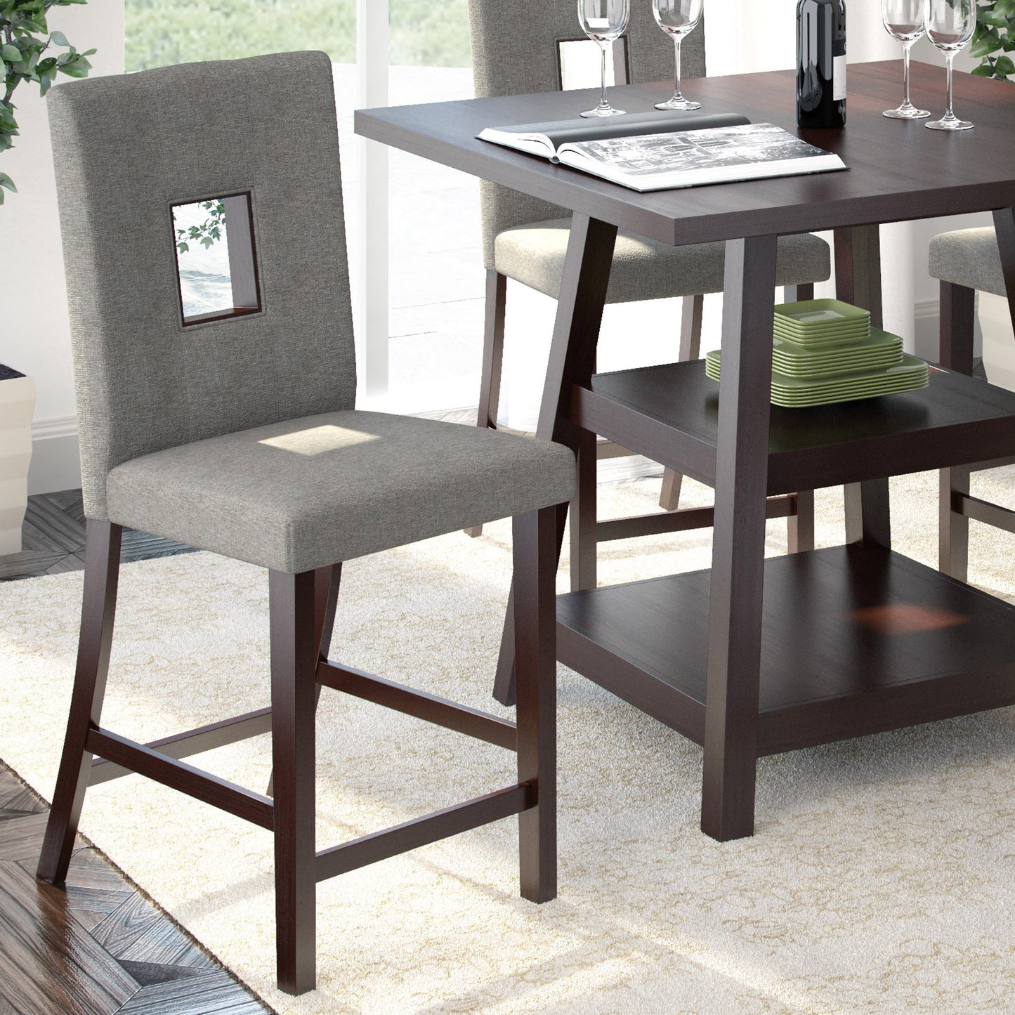 Mid-century modern counter height dining chairs, set of 2, featuring walnut wood frames, grey upholstered seats, and sleek tapered legs, perfect for contemporary dining spaces.