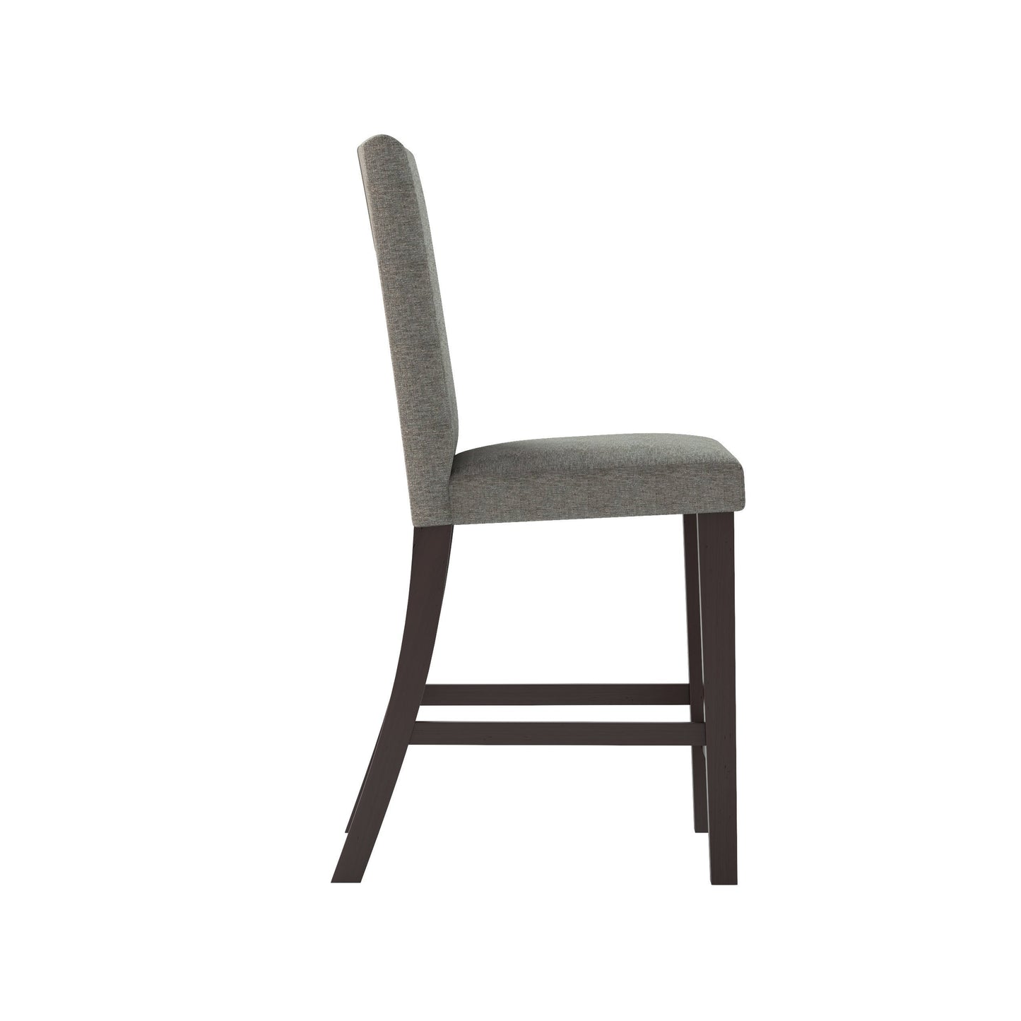 Modern counter height dining chairs, set of 2, featuring sleek black metal frames, cushioned gray fabric seats, and backrests with a minimalist design, perfect for contemporary dining spaces.