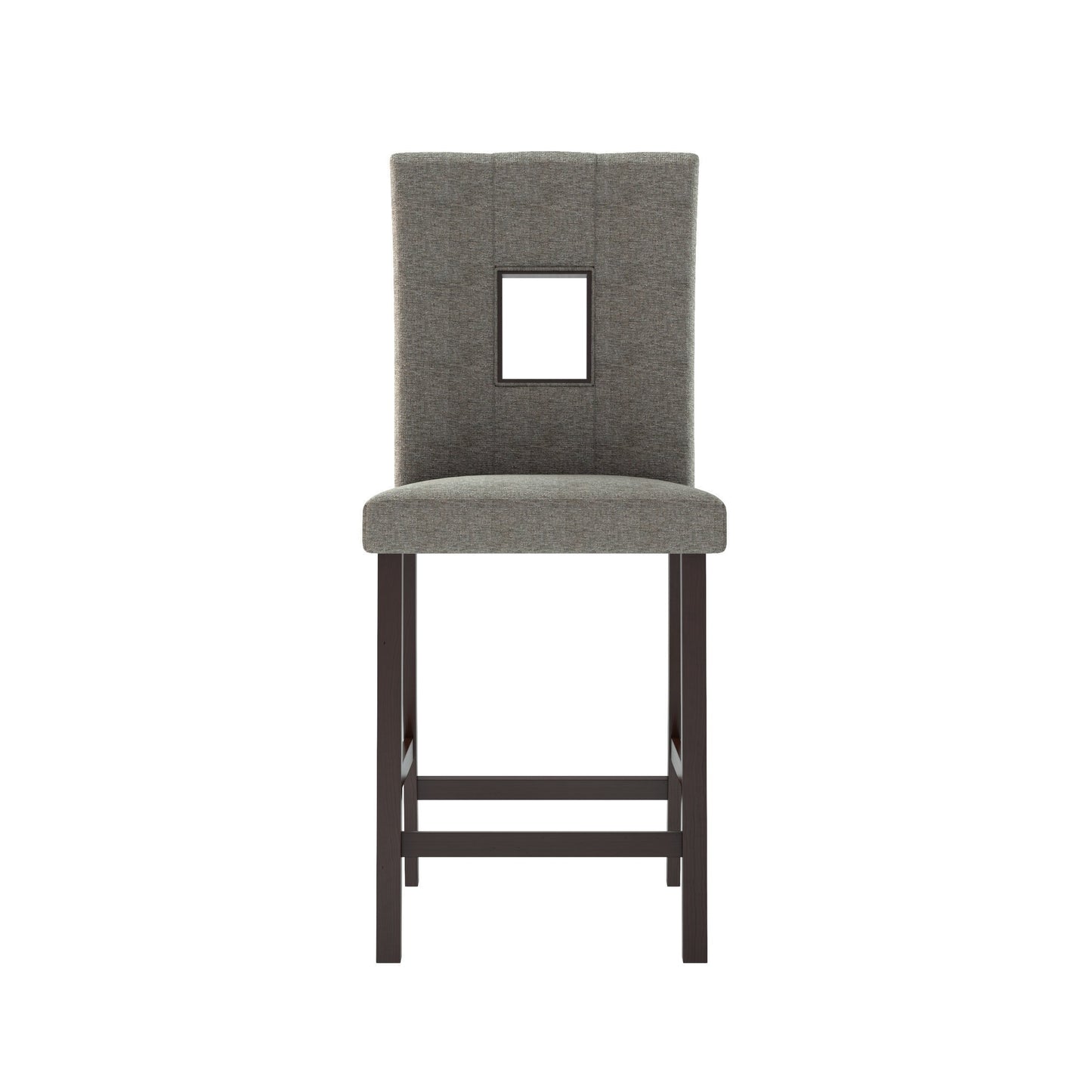 Set of 2 counter height dining chairs with beige upholstered seats, dark wooden frames, and stylish button tufting. Perfect for modern dining rooms or kitchens, offering comfort and elegance.