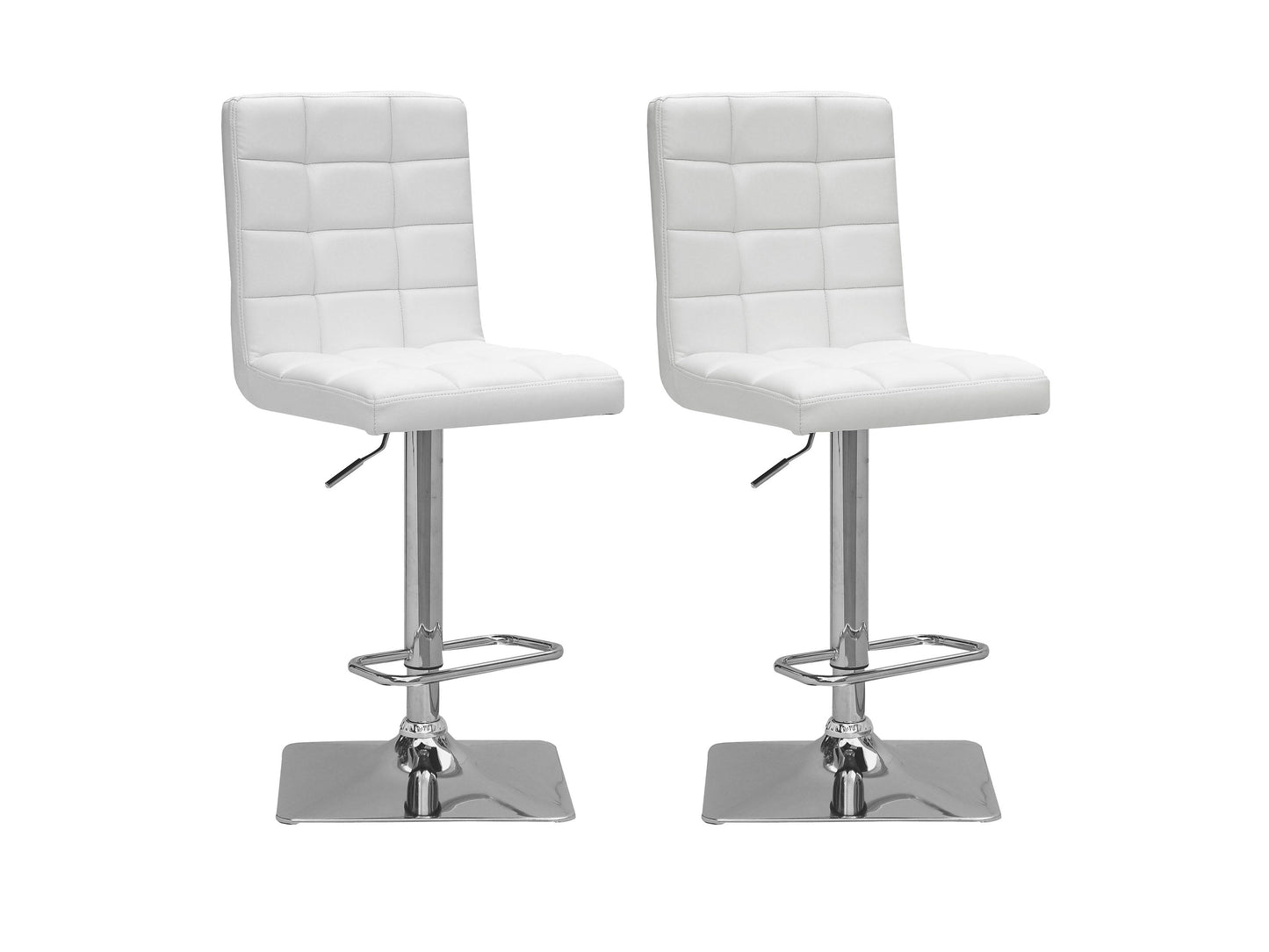 Set of 2 high back bar stools with black faux leather seats, tufted design, chrome footrest, and adjustable height, perfect for modern kitchens or home bars.