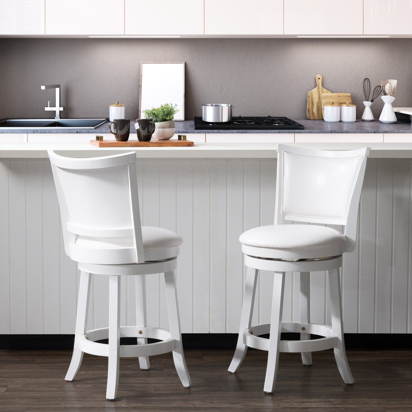 Modern counter height bar stools, set of 2, featuring sleek black metal frames, cushioned gray seats, and footrests for added comfort. Ideal for kitchen islands and home bars, blending contemporary design with functionality.