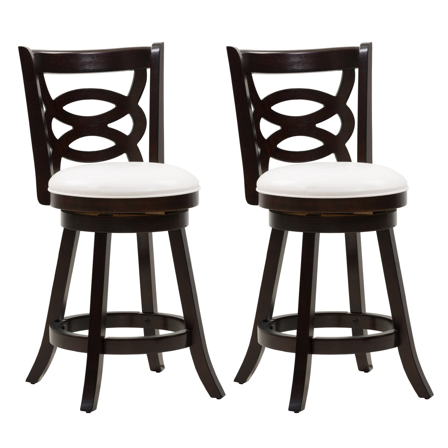 Wooden bar stool with dark walnut finish, featuring a curved backrest, padded beige seat, and sturdy wooden legs. Ideal for kitchen counters and home bars.