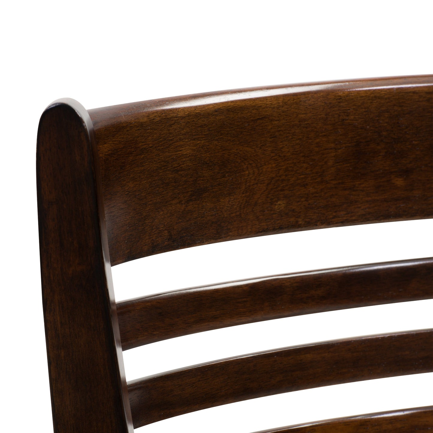 Set of 2 counter height bar stools with dark walnut wood frame, black faux leather padded seats, and footrests. Sturdy construction and sleek design perfect for modern kitchen or home bar.