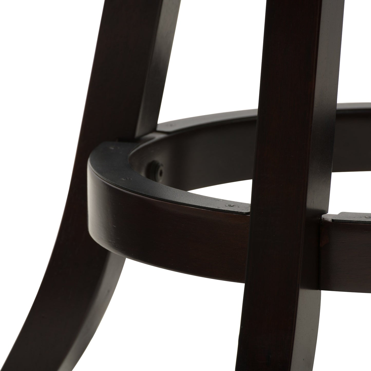 Counter height bar stool set with dark wood frame, black cushioned seat, and backrest featuring vertical slat design. Ideal for kitchen islands and home bars. Durable, stylish seating solution.
