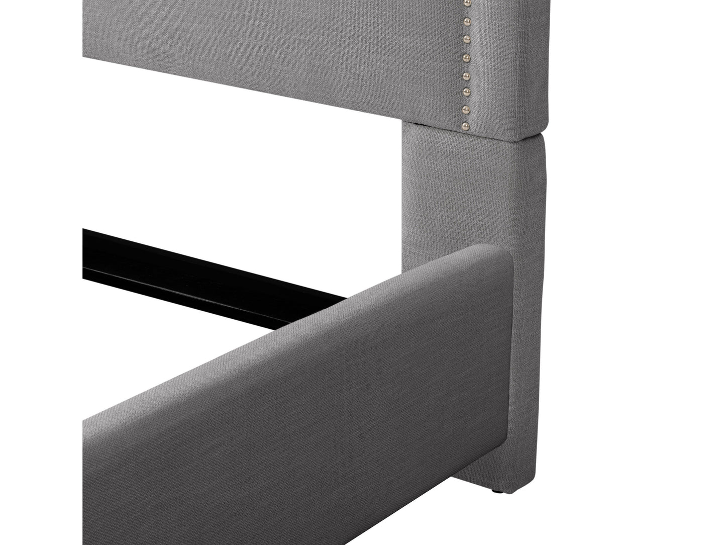 Gray upholstered double bed with tufted headboard, wooden legs, and sleek modern design. Textured fabric and plush cushioning provide comfort and style, making it a perfect addition to contemporary bedrooms.