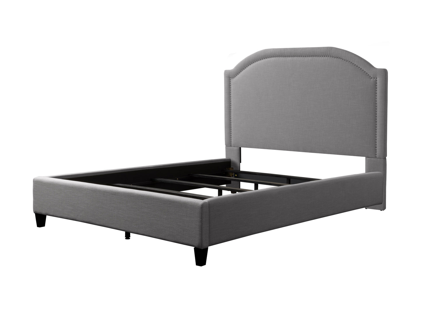Modern upholstered double bed in light gray fabric with tufted headboard, wooden legs, and sleek design. Perfect for contemporary bedrooms, offering comfort and style.