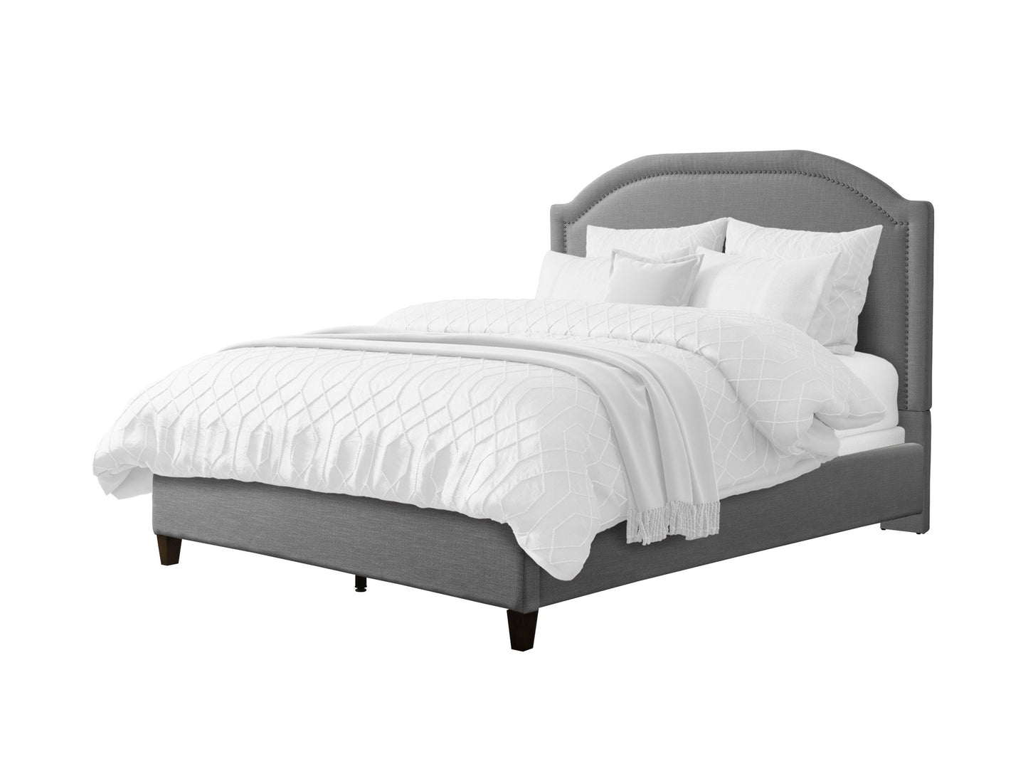 Upholstered double/full bed with tufted headboard, grey fabric, wooden legs, and padded frame for comfort and style.