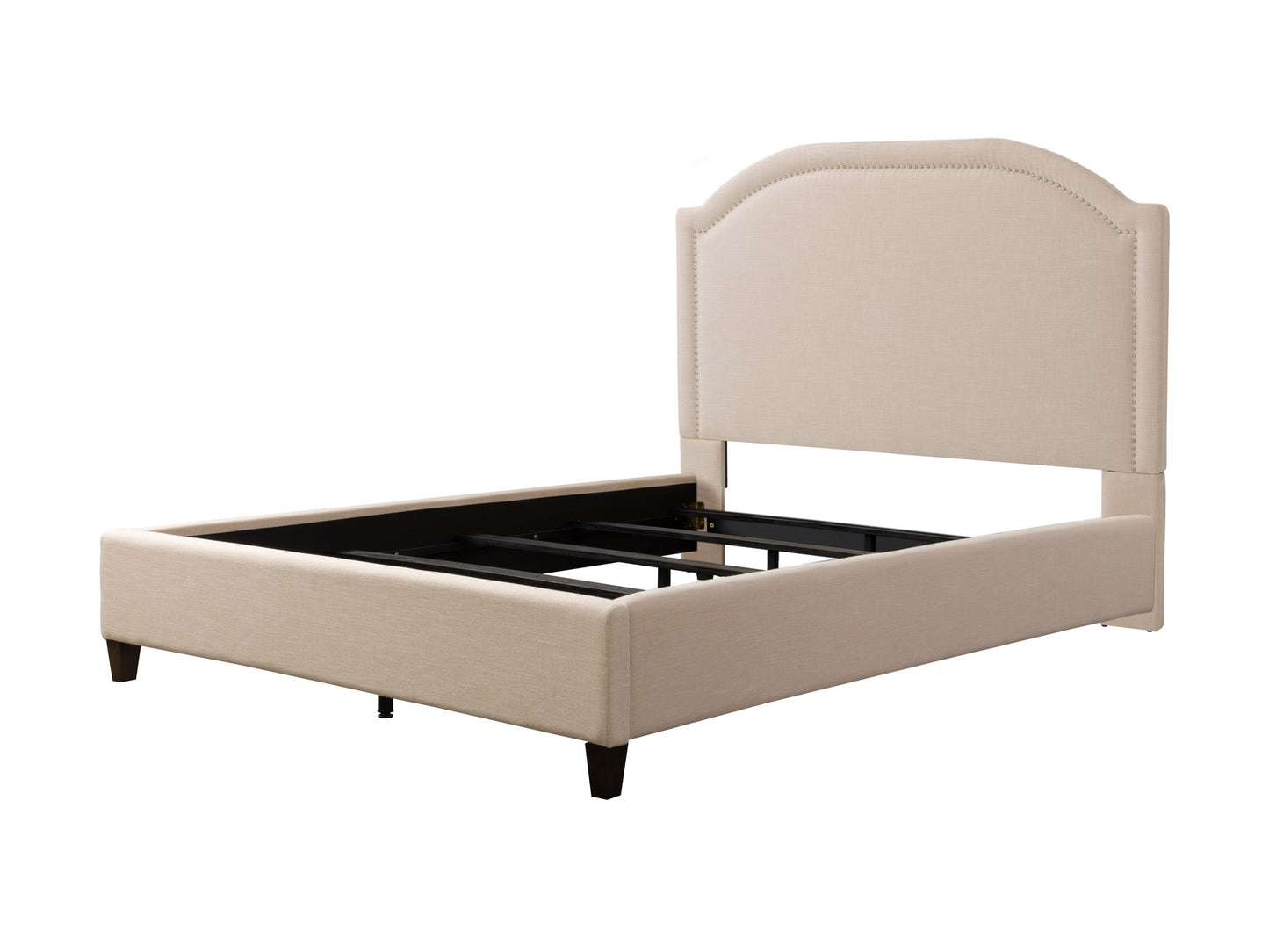 Gray upholstered double bed with tufted headboard, wooden legs, and soft fabric texture, perfect for modern bedrooms.