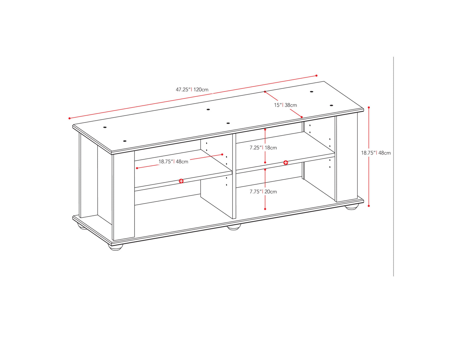 Black wooden TV stand with two open shelves, two cabinets, and silver handles, suitable for TVs up to 55 inches. Sleek, modern design with a matte finish and sturdy construction.