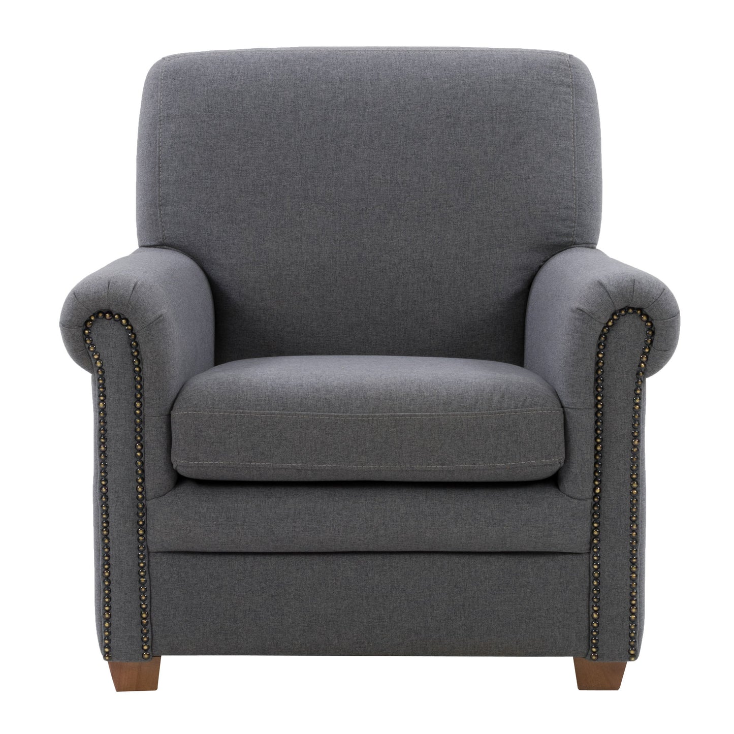 Grey fabric arm chair with wooden legs, plush cushioning, and modern design. Ideal for living rooms or offices, this stylish chair combines comfort and elegance.