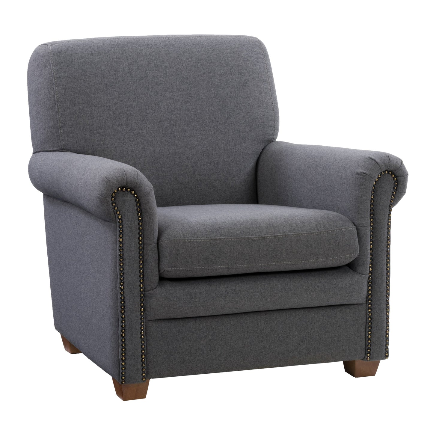 Grey armchair with tufted backrest, wooden legs, and soft fabric upholstery, ideal for living room or office, blending comfort and modern design.