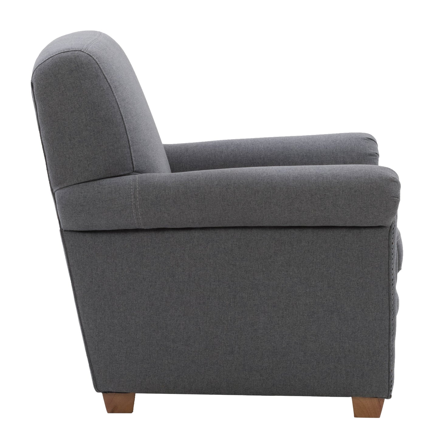 Grey armchair with cushioned seat and backrest, featuring sleek wooden legs and modern design. Ideal for living rooms, offices, or reading nooks.