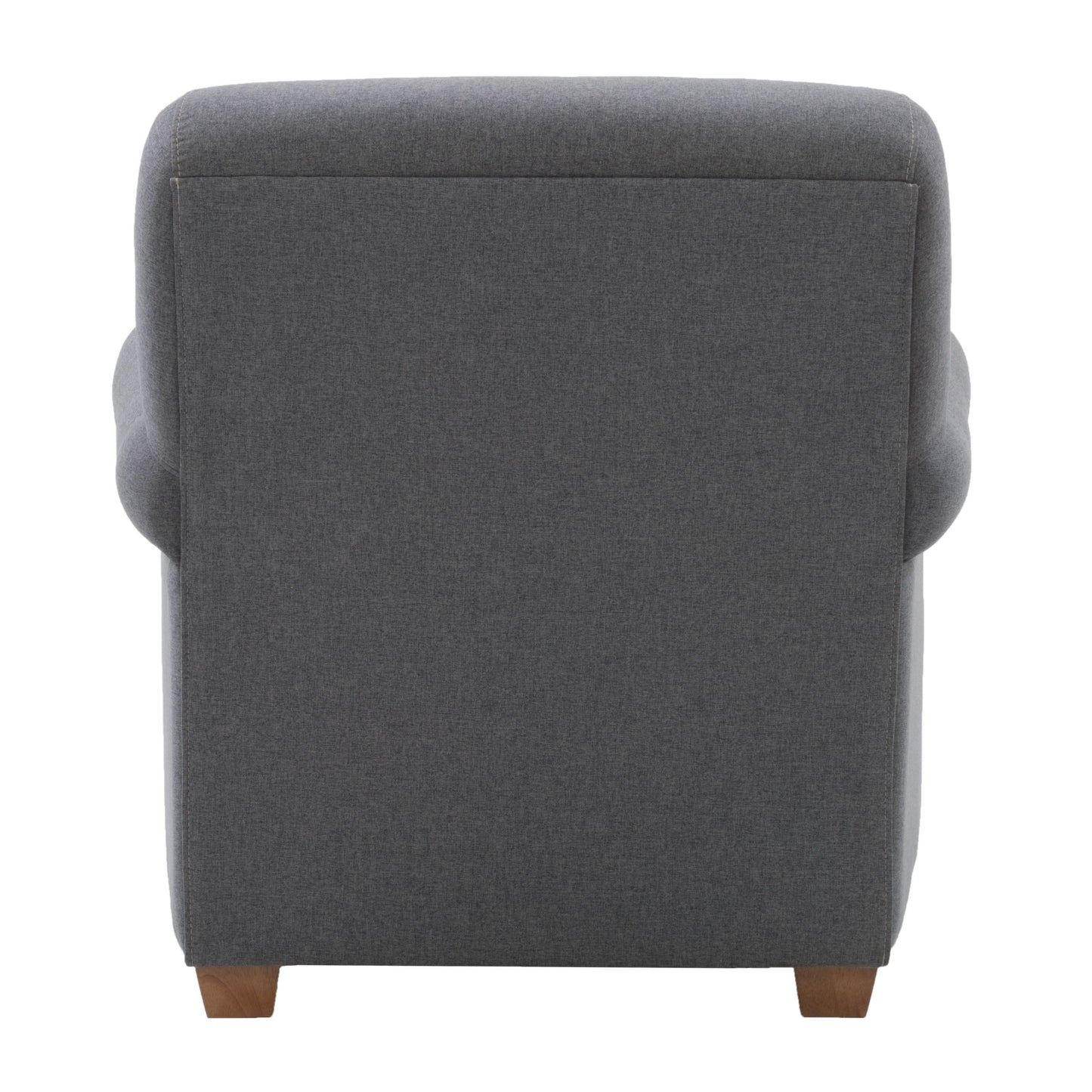 Grey armchair with plush cushioning, sleek wooden legs, and a tufted backrest, perfect for modern living rooms or offices.
