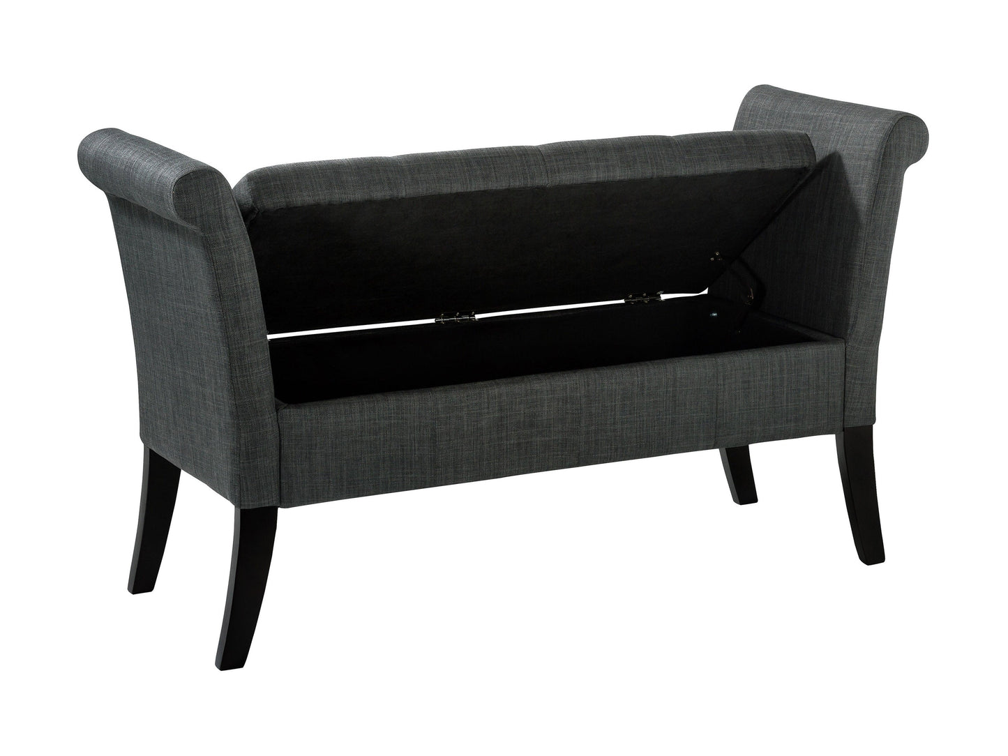 Light gray storage bench with arms, featuring a cushioned seat, tufted backrest, wooden legs, and built-in storage compartment, perfect for entryways or bedrooms.