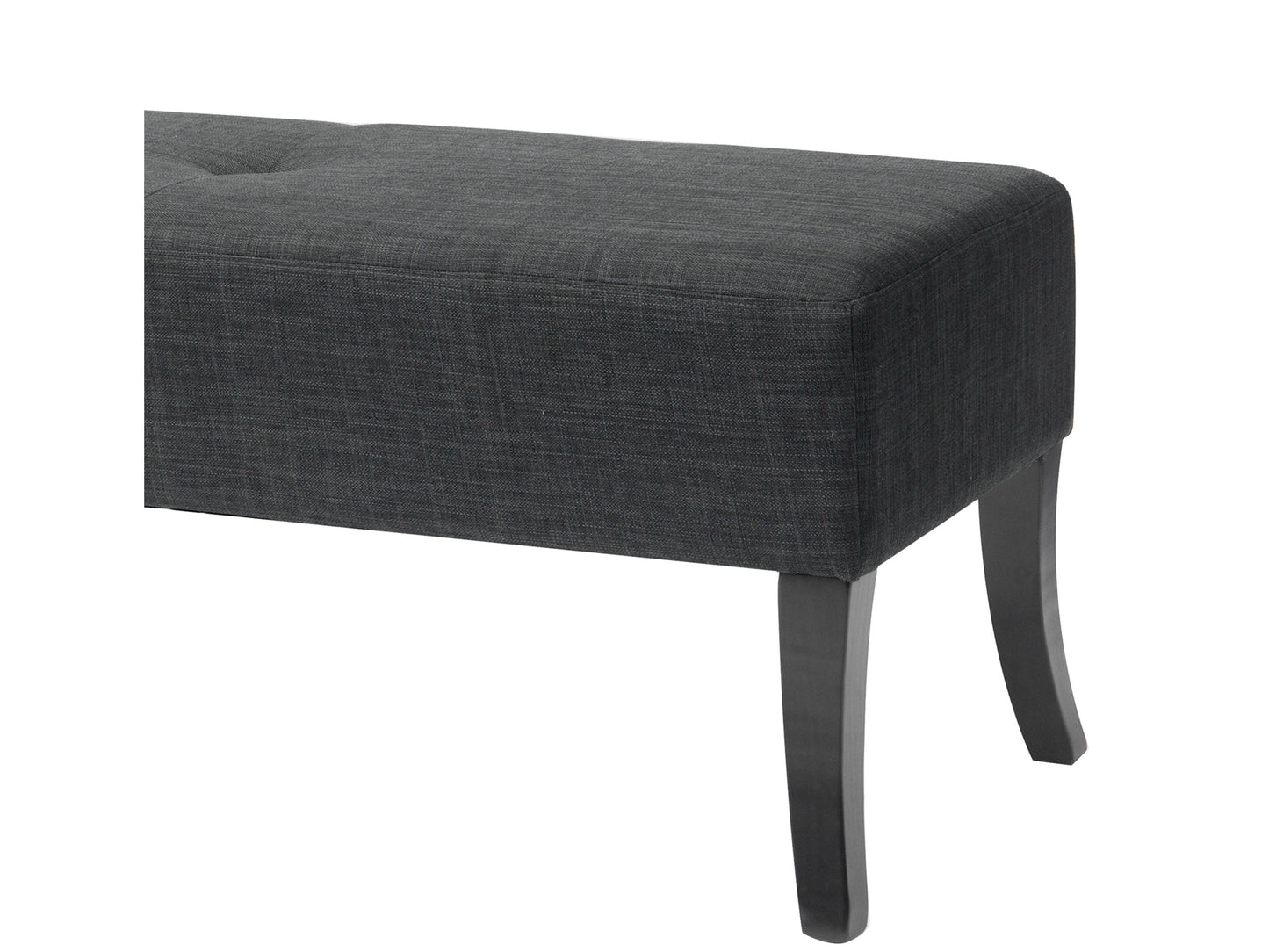 Upholstered bench with dark wood legs, featuring a beige linen fabric seat and button-tufted design for added elegance and comfort.