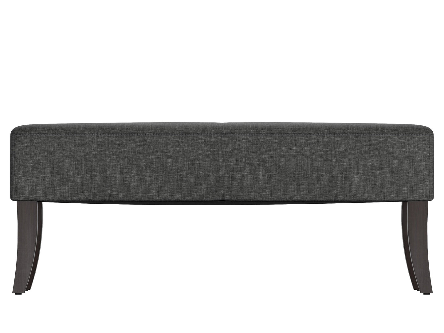 Gray upholstered bench with wooden legs, featuring a tufted cushion and sleek modern design, perfect for entryways or living rooms.