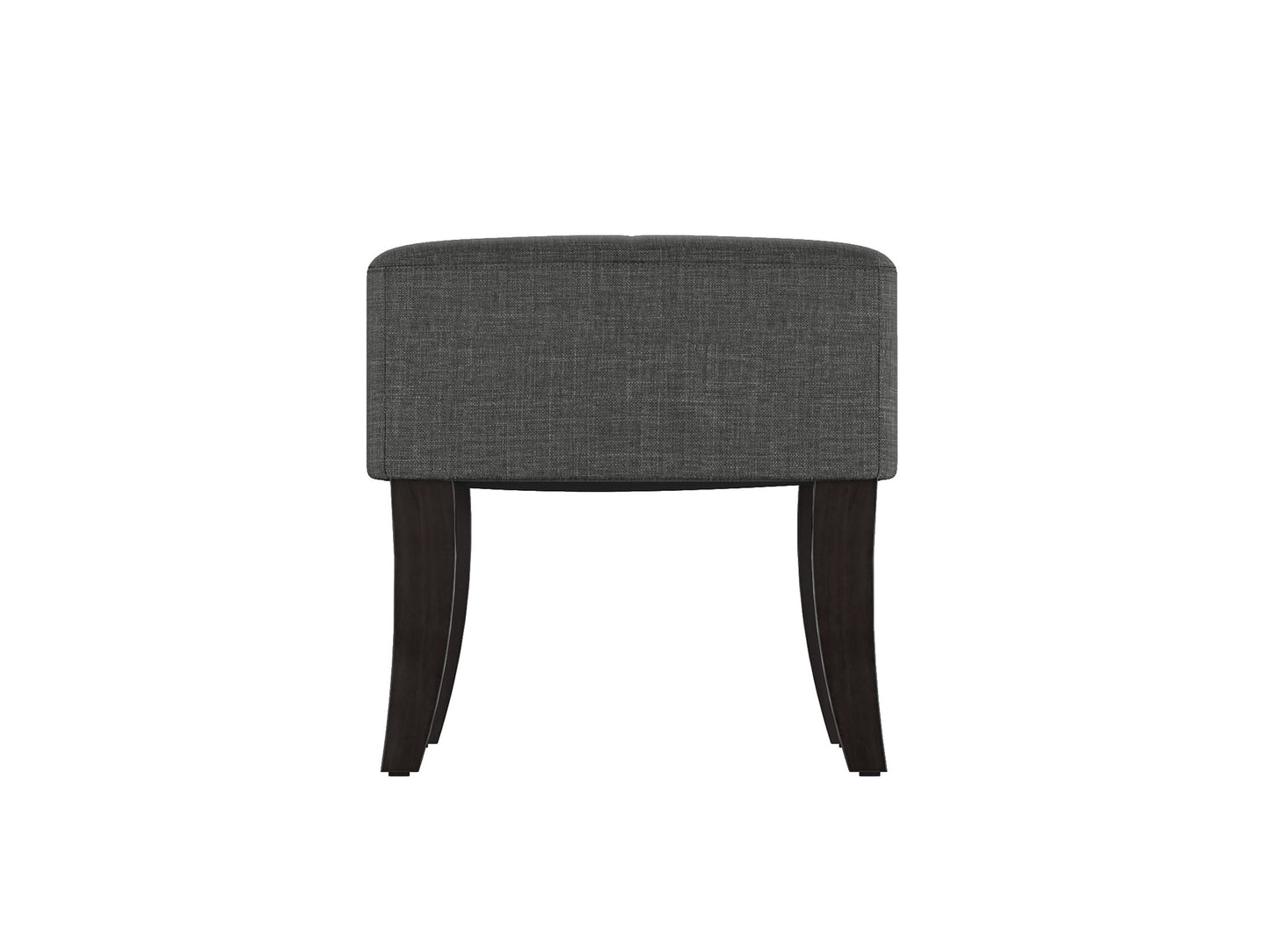 Gray upholstered bench with tufted seat, dark wooden legs, and sleek modern design. Ideal for living rooms or bedrooms.