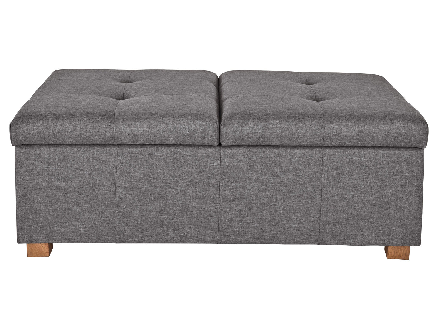 Gray double storage ottoman with tufted top, wooden legs, and spacious interior. Perfect for living room or bedroom, offering both seating and hidden storage. Modern design with durable fabric upholstery.