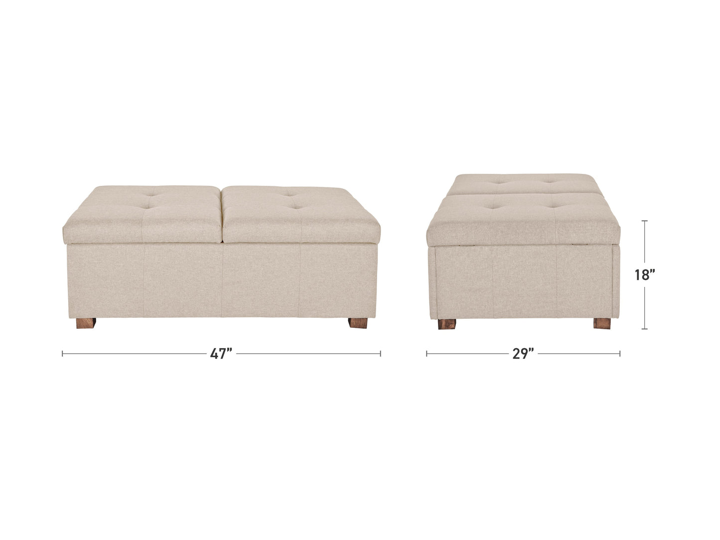 Gray double storage ottoman with tufted top, soft fabric upholstery, and wooden legs; features a spacious interior for storage and a modern design, perfect for living rooms or bedrooms.