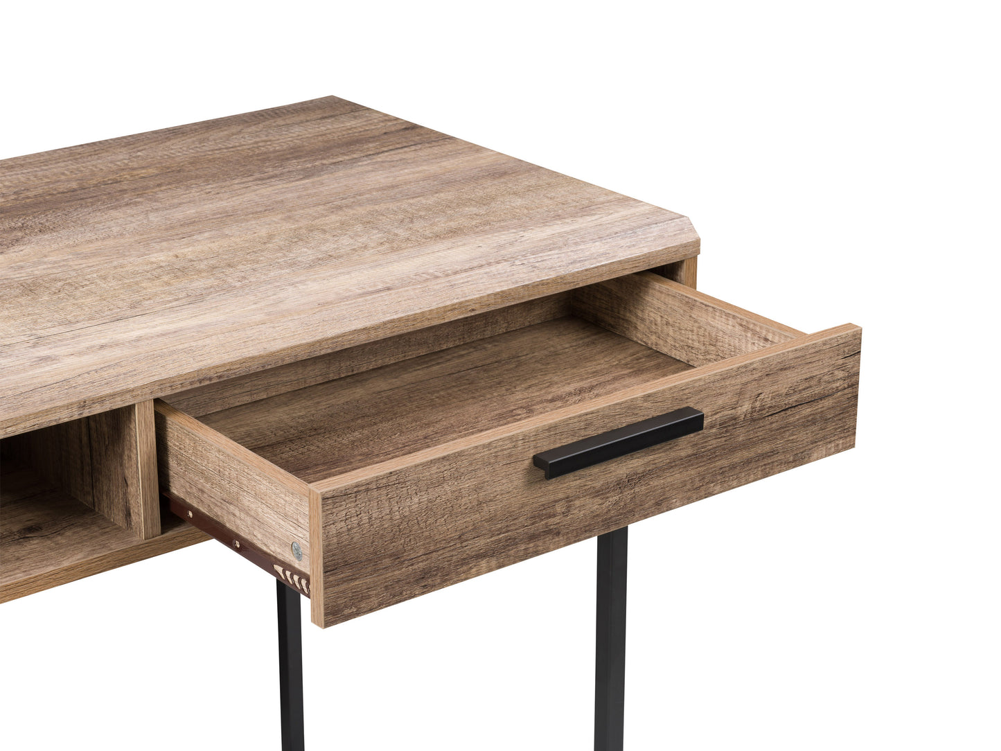 Modern wood computer desk with sleek design, featuring a natural oak finish, sturdy black metal legs, and a spacious top surface. Ideal for home offices, workspaces, or study areas.