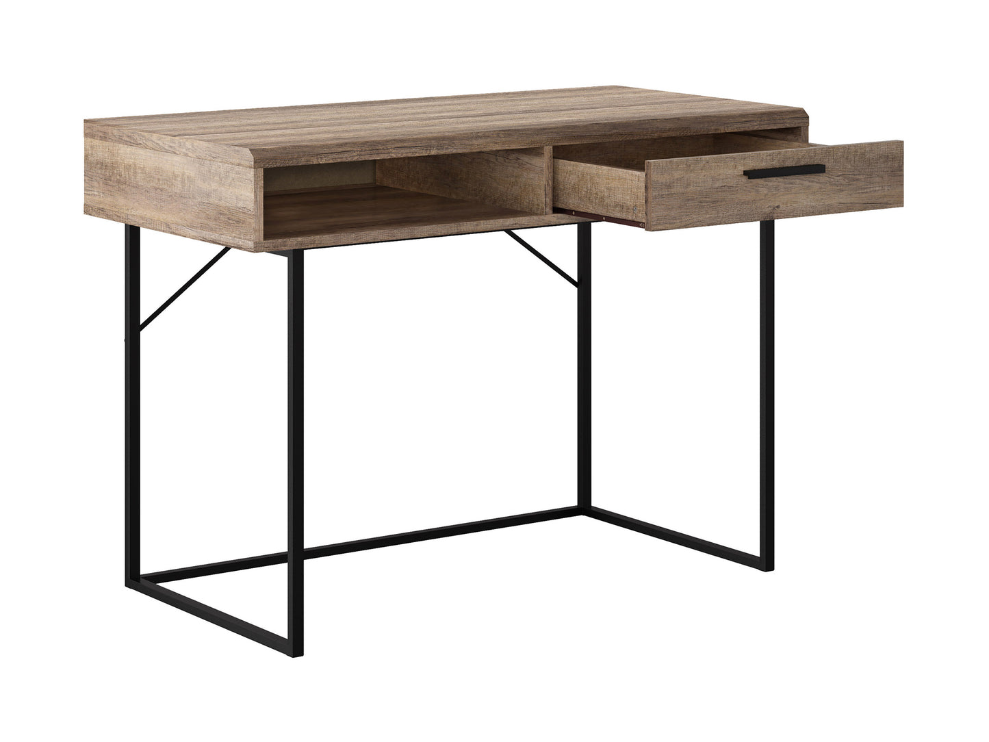 Modern wood computer desk with metal frame, spacious surface, and built-in storage shelves. Sleek design featuring a natural wood finish and black metal legs, perfect for home office or study.
