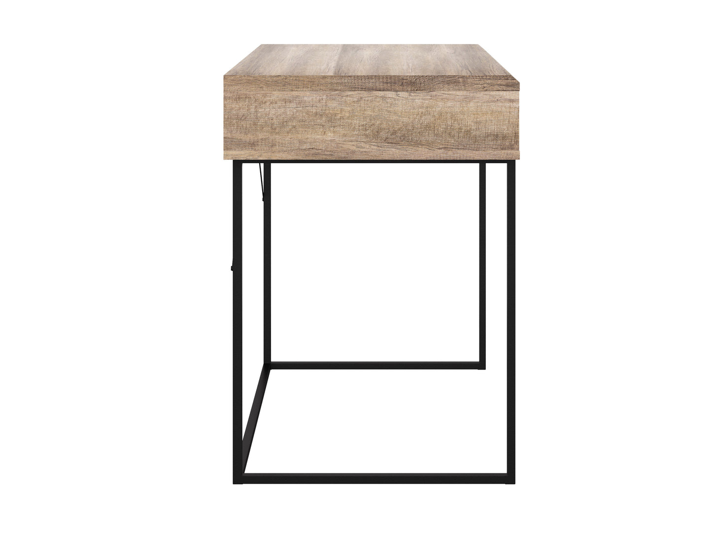 Modern wood computer desk with sleek metal legs, spacious oak tabletop, built-in cable management, and minimalist design; perfect for home office or study space.