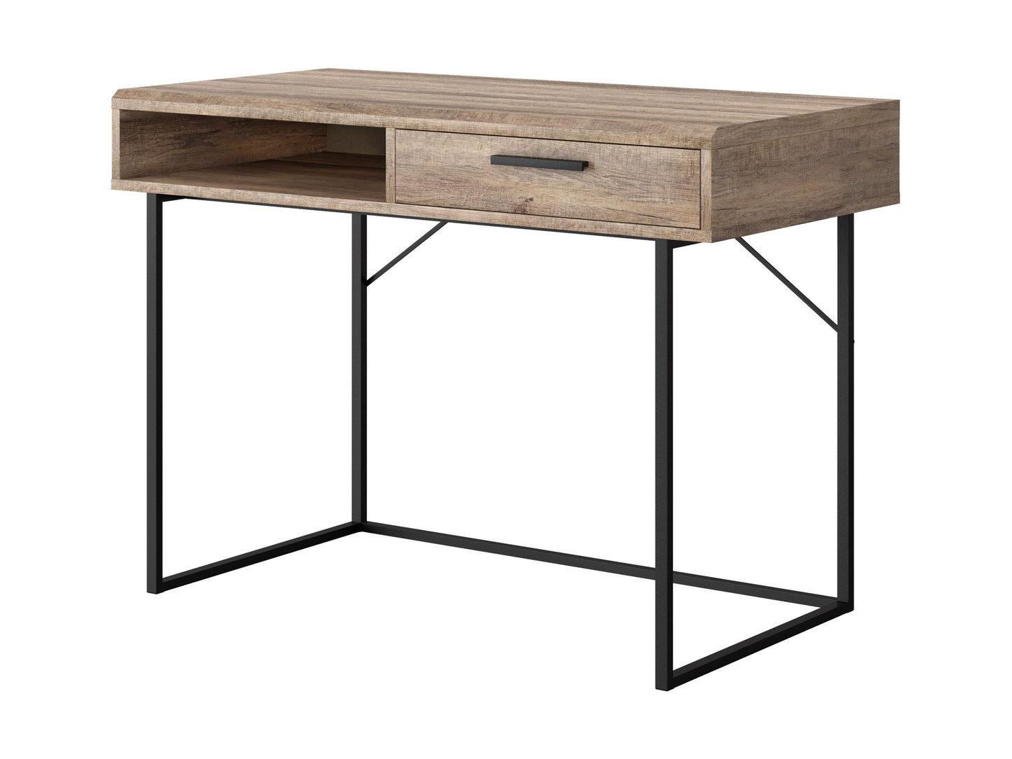 Wood computer desk with a natural oak finish, featuring a spacious rectangular tabletop, sturdy black metal legs, and a built-in storage shelf. Ideal for home office or study setups.