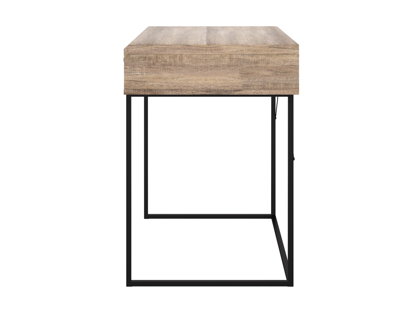 Modern wood computer desk with black metal frame, natural wood finish, spacious tabletop, and built-in storage shelves on the left side. Ideal for home office or workspace.