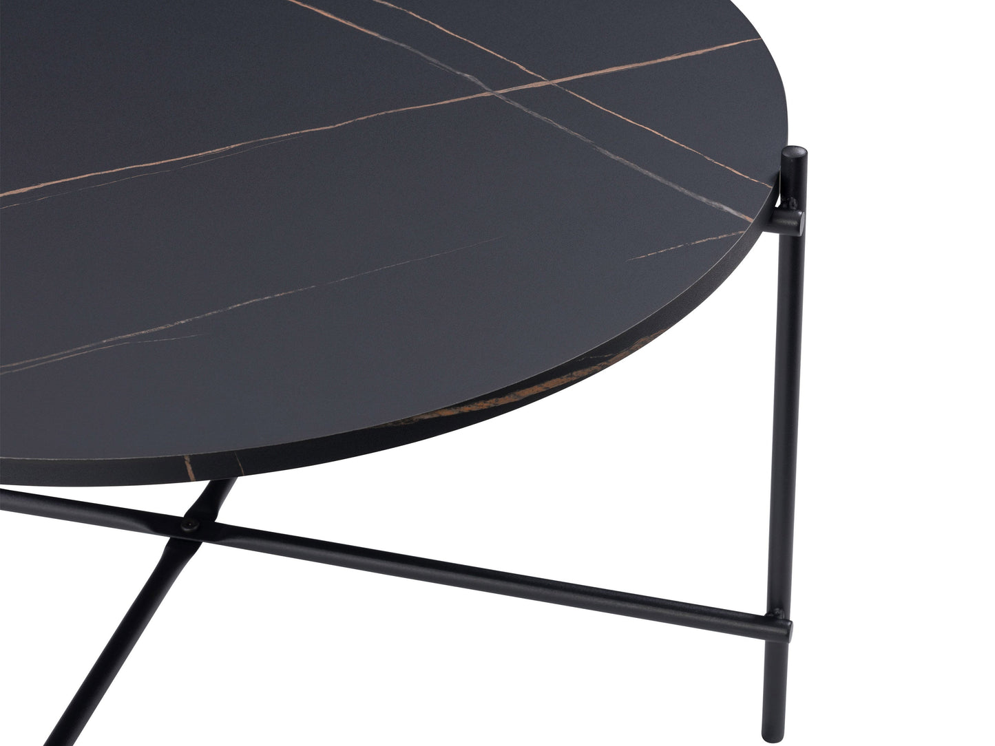 Black round coffee table with a sleek metal frame and tempered glass top, featuring a minimalist design and modern aesthetic, perfect for contemporary living rooms.