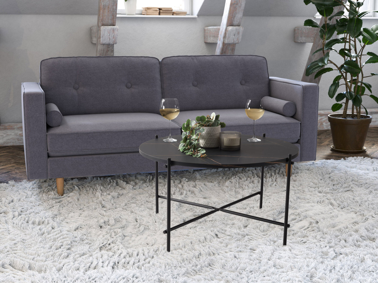 Black round coffee table with sleek metal frame, tempered glass top, and minimalist design, perfect for modern living rooms.