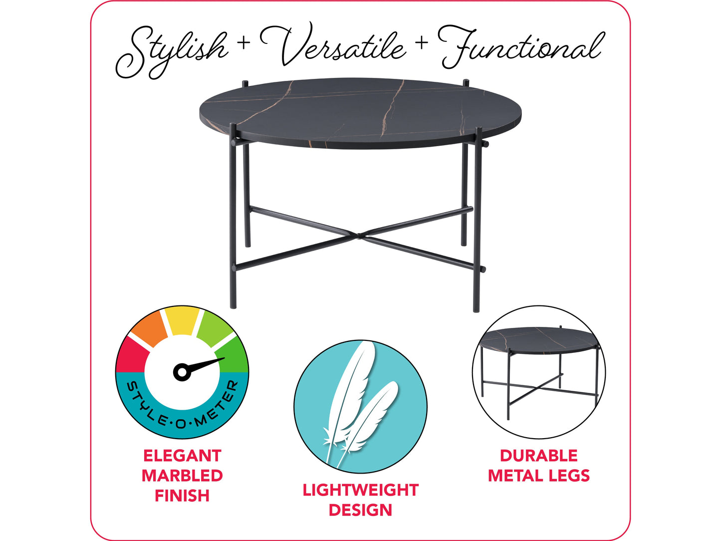Black round coffee table with a sleek metal frame and smooth black glass top, featuring a modern minimalist design perfect for contemporary living rooms.