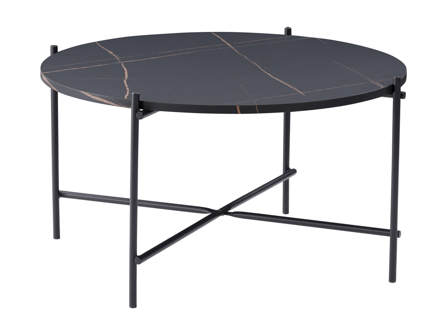 Black round coffee table with sleek metal legs and a smooth, matte finish, perfect for modern living rooms.