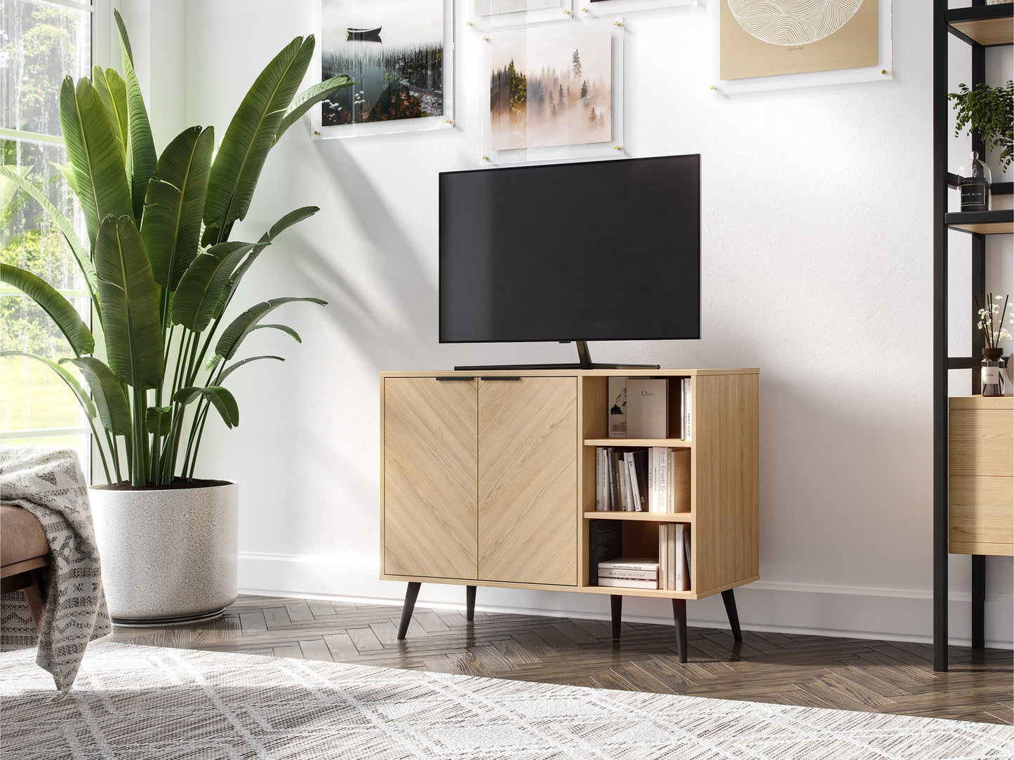 Modern sideboard buffet in light wood finish with black metal legs, featuring four cabinet doors with sleek handles and a spacious top surface for decor or storage.