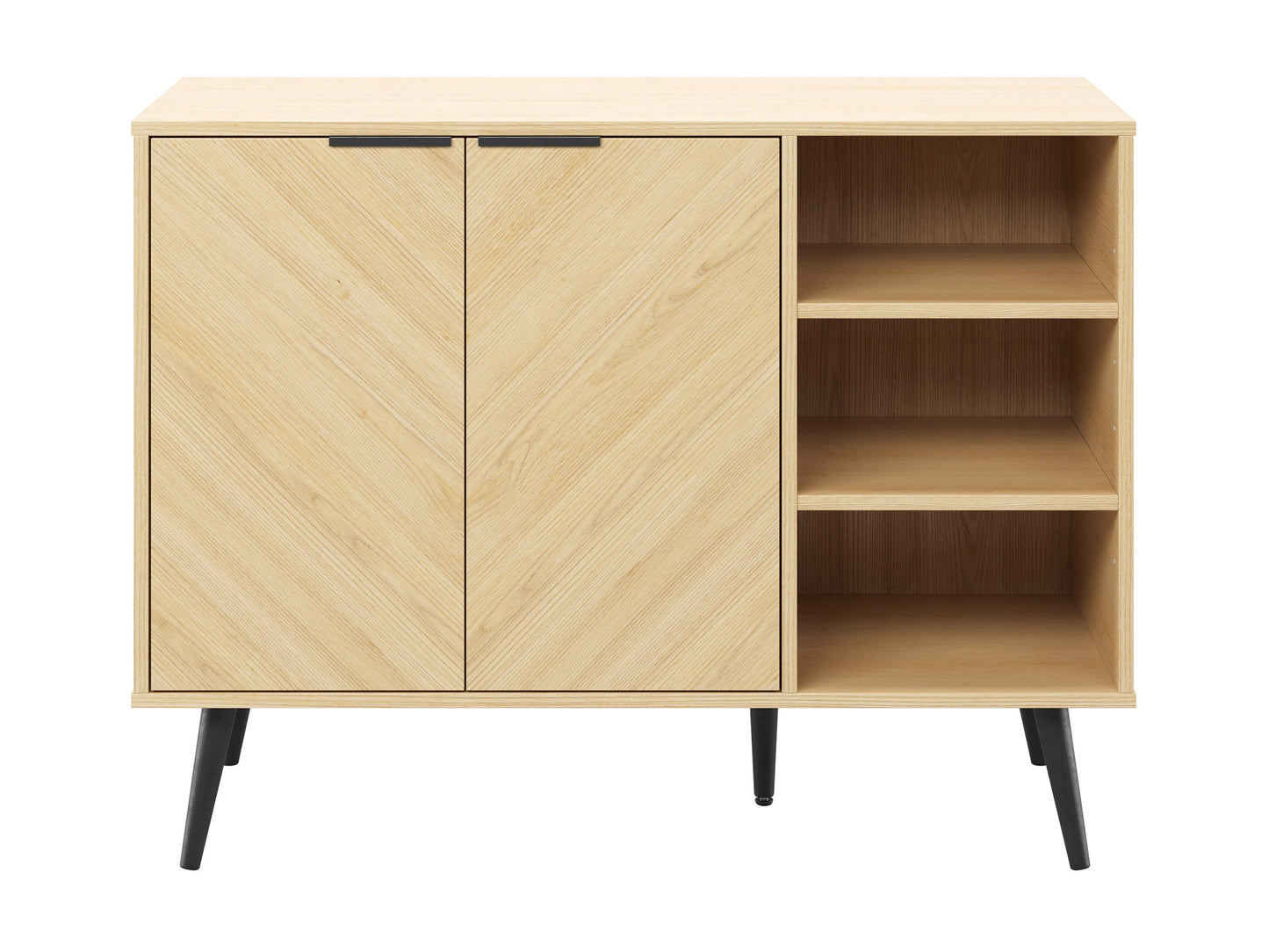 Modern wooden sideboard buffet with sleek black metal legs, featuring a natural oak finish, three spacious drawers, and two side cabinets with minimalist handles.