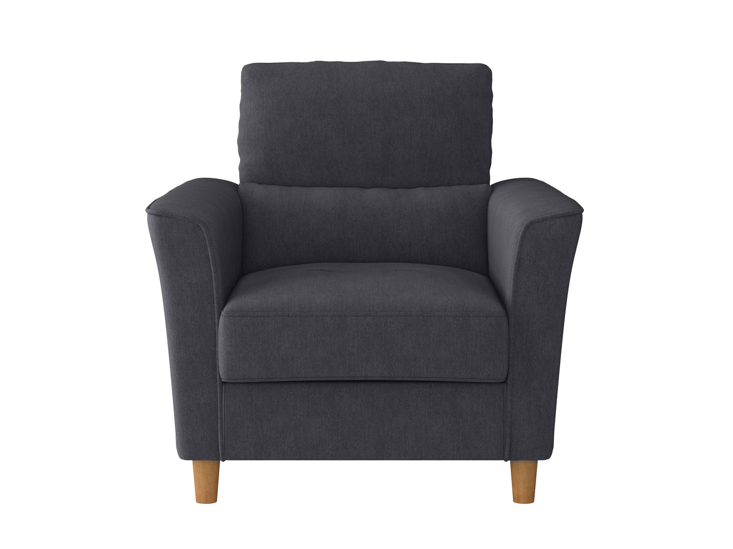 Modern 2-seater loveseat and chair set in light gray fabric with tufted back cushions, wooden legs, and sleek armrests, perfect for contemporary living rooms.