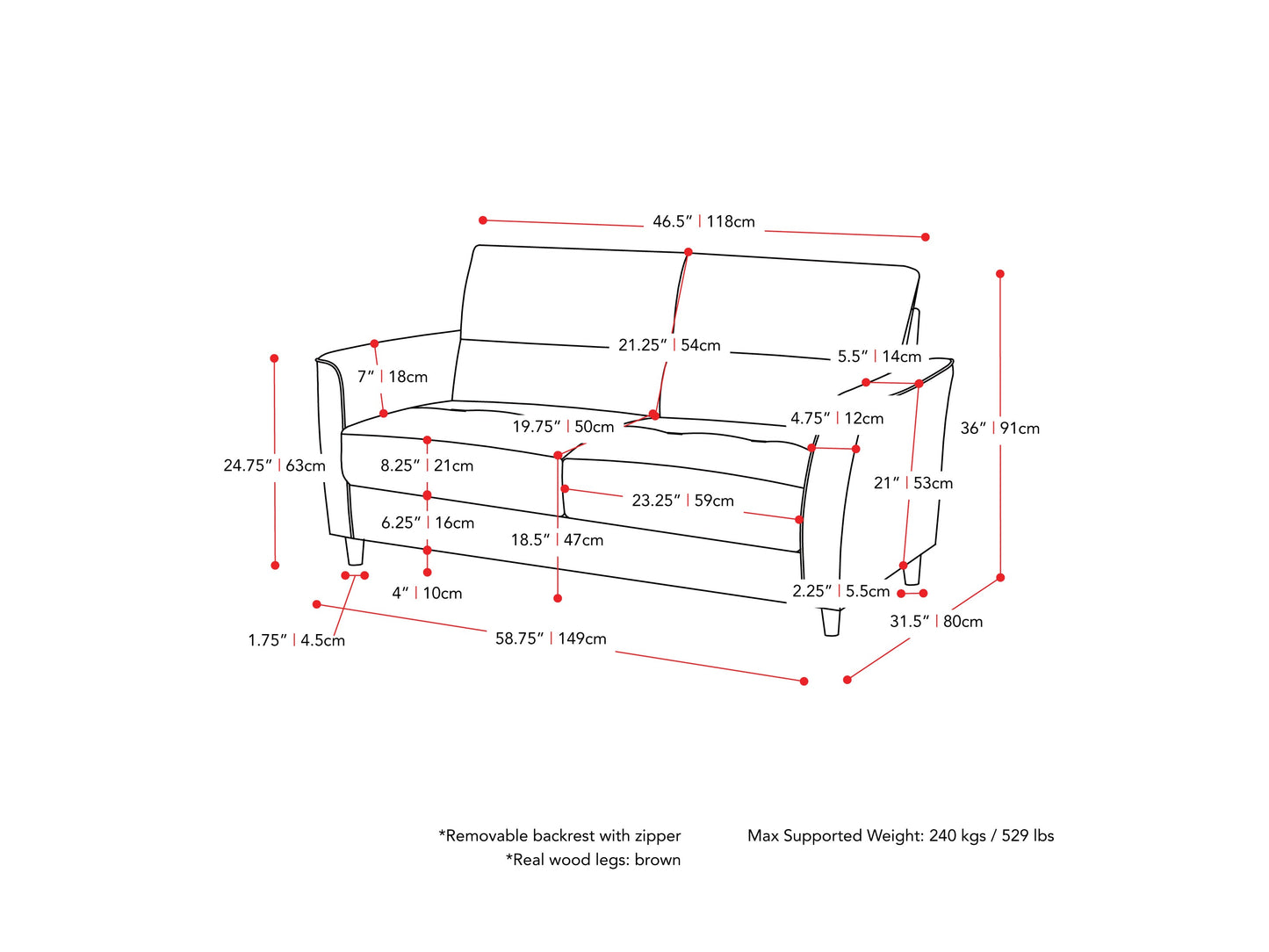 light grey 2 Seater Loveseat and Chair Set, 2 piece Caroline Collection measurements diagram by CorLiving#color_light-grey