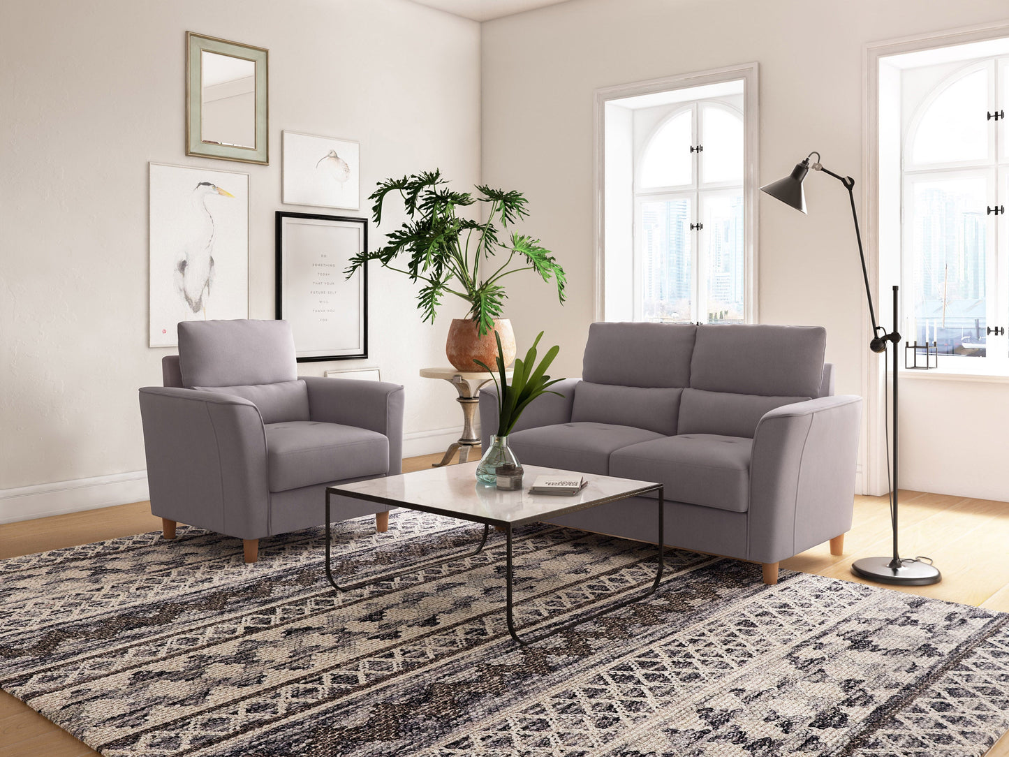 light grey 2 Seater Loveseat and Chair Set, 2 piece Caroline Collection lifestyle scene by CorLiving#color_light-grey