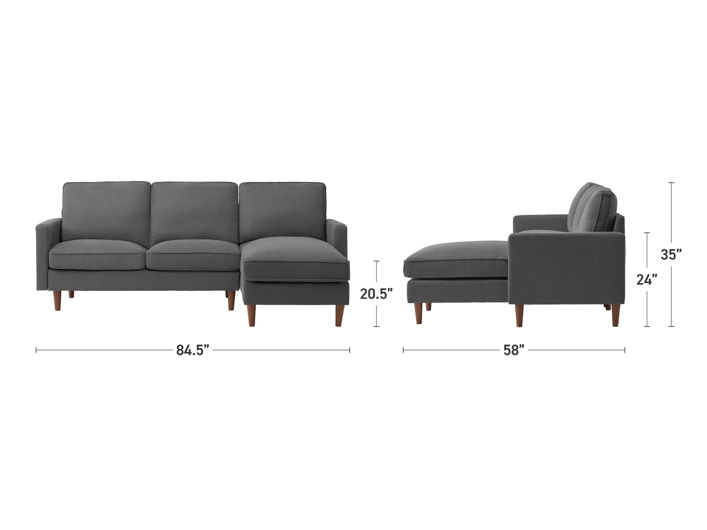 Reversible sectional sofa in dark gray fabric with modern tufted cushions, chrome-finished legs, and a spacious chaise lounge on the right side. Ideal for contemporary living rooms.