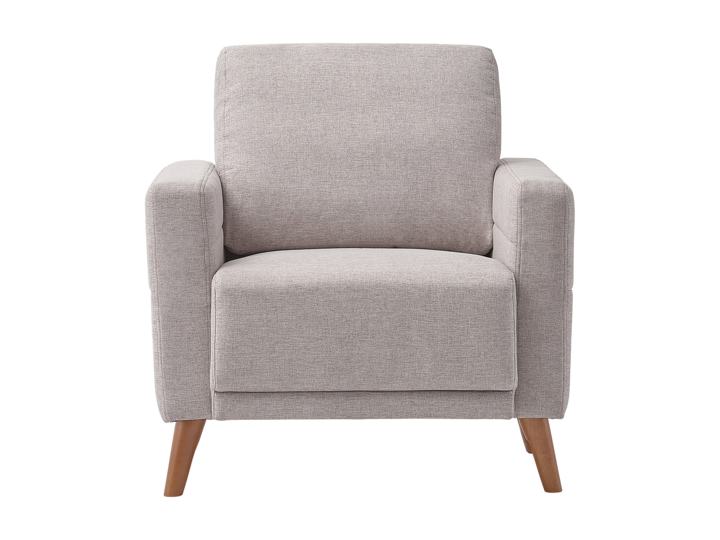 Modern gray fabric armchair with wooden legs, featuring a minimalist design, comfortable cushioned seat, and sleek armrests, perfect for contemporary living rooms or offices.