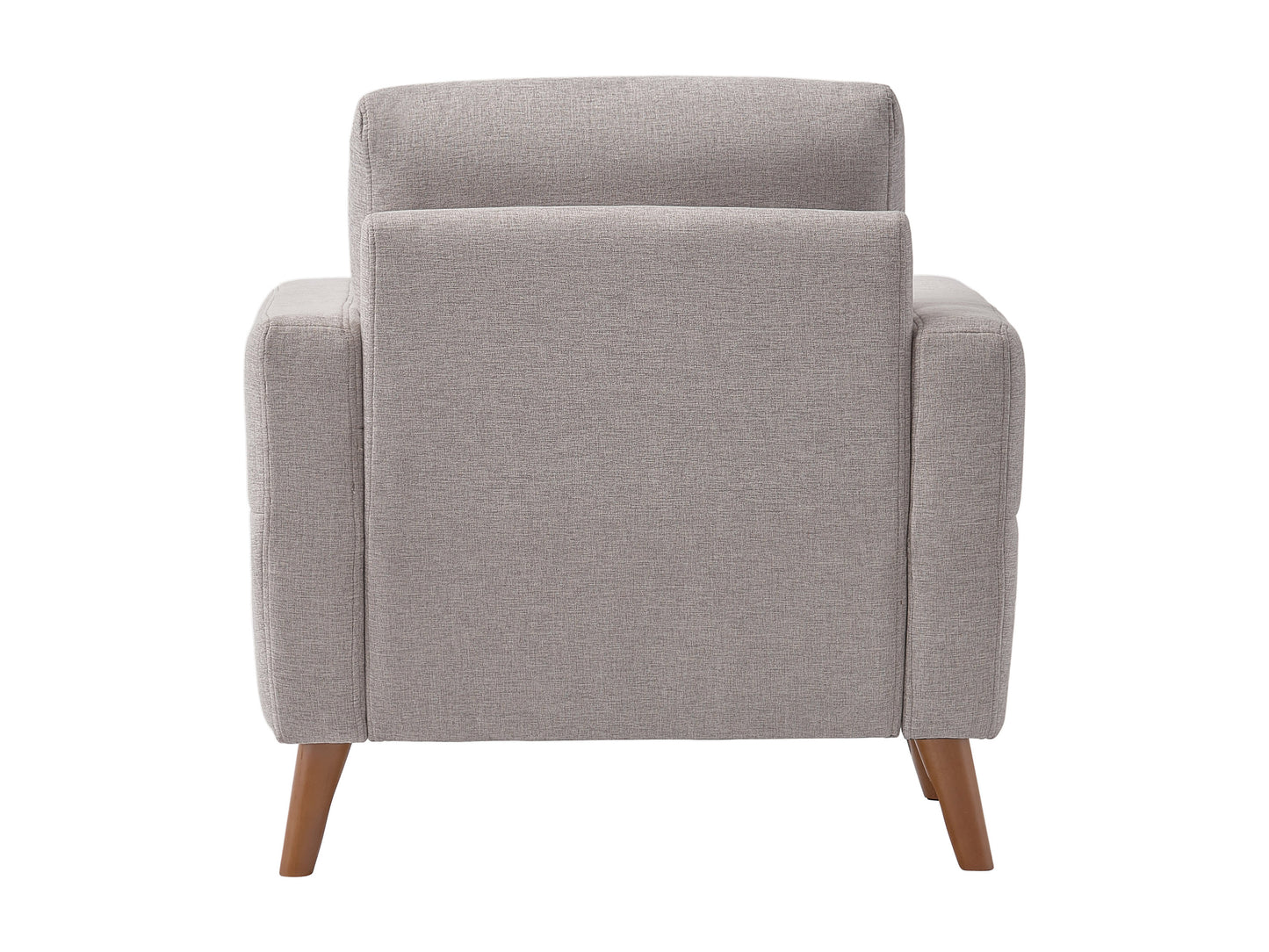 Modern arm chair with sleek wooden frame, upholstered in soft gray fabric, featuring curved armrests and cushioned seat for comfort, ideal for contemporary living rooms or offices.