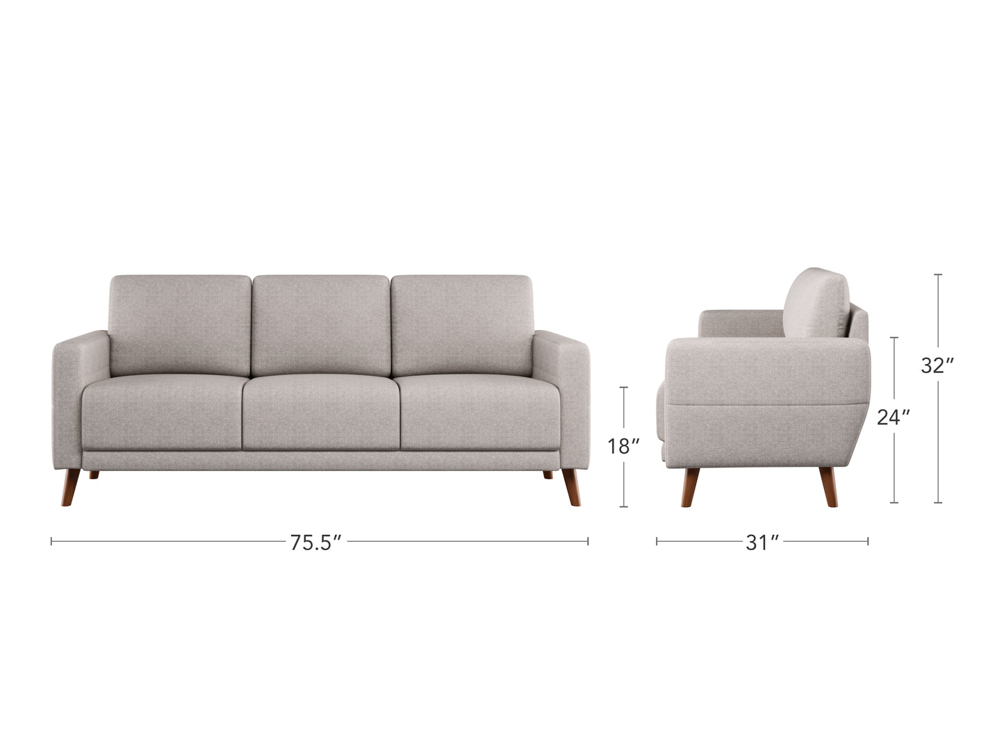 Gray 3-seat sofa with plush cushions, wooden legs, and modern design. Upholstered in soft, textured fabric, perfect for contemporary living rooms.