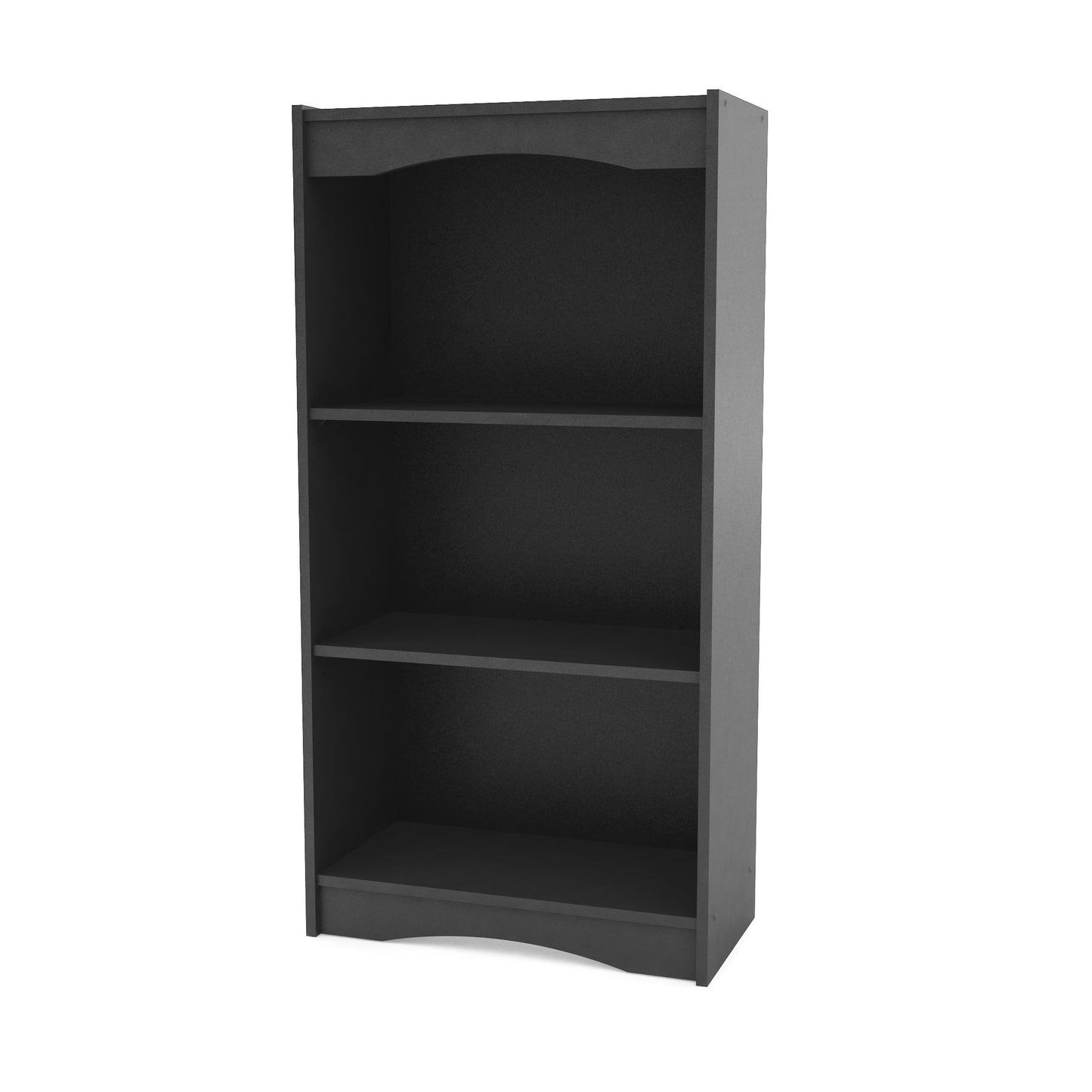 Small black 48" bookshelf with four wooden shelves, sleek modern design, and sturdy metal frame perfect for home office or living room storage and display.