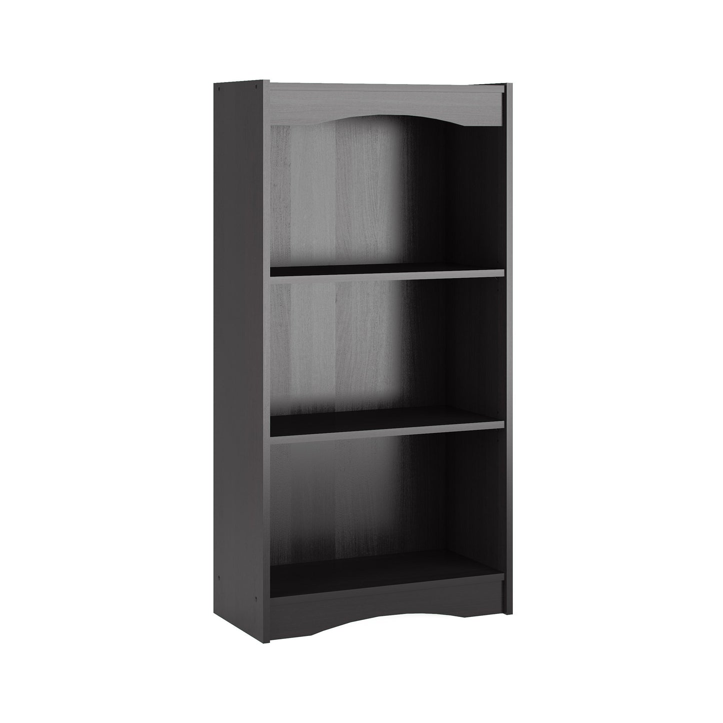 Small black wooden bookcase with three shelves, 48 inches tall, showcasing minimalist design and smooth finish, ideal for organizing books and decor in a modern living space.