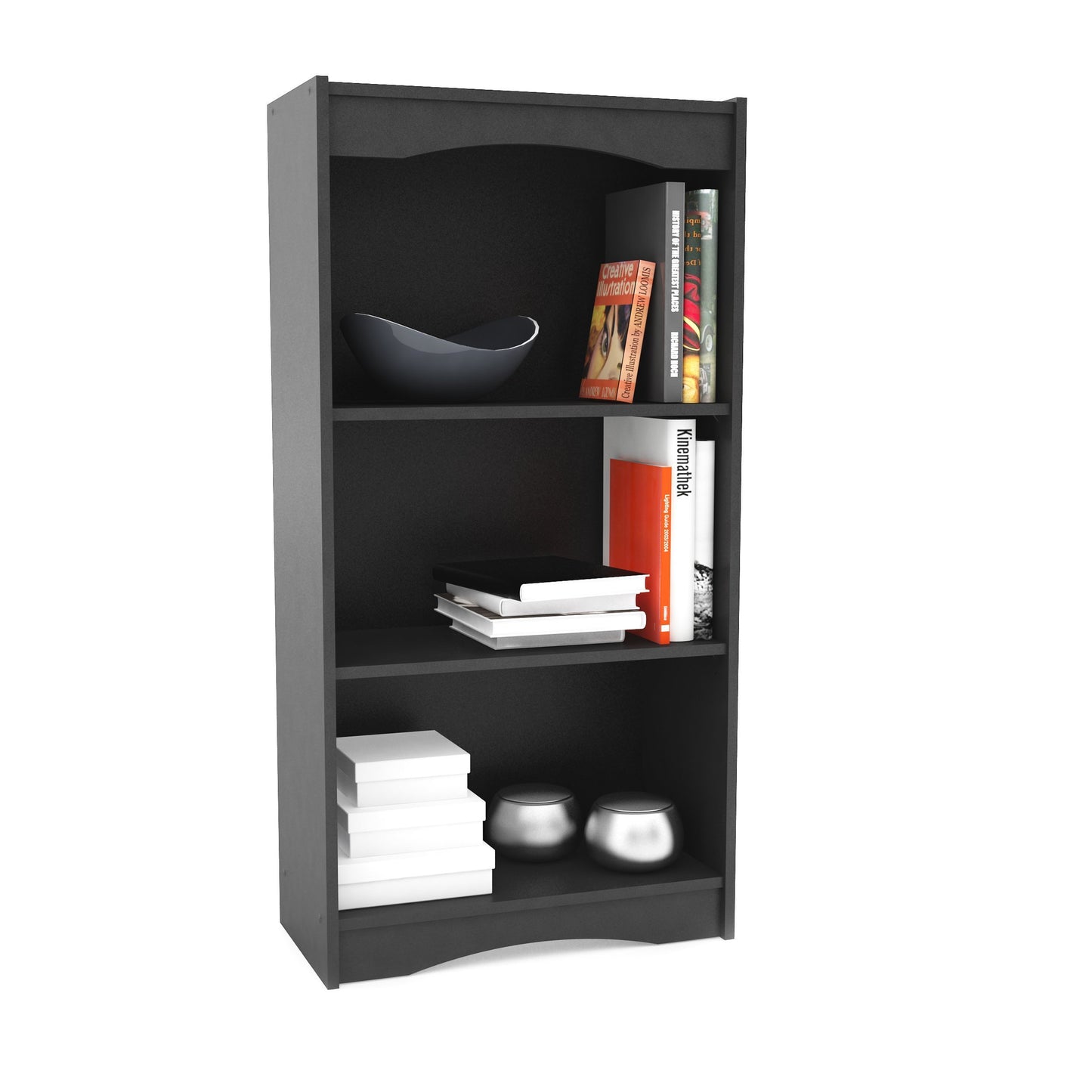 Small black bookshelf, 48 inches tall, with three shelves, sleek modern design, and minimalist aesthetic. Ideal for books, decor, and storage in living rooms, offices, or bedrooms.